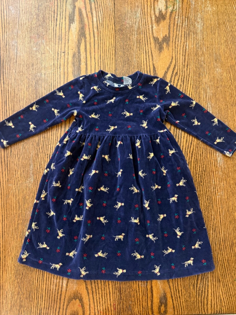 HARTSTRINGS Girls' Navy Long-Sleeve Velvet Dress with Dogs/Labs Flowers Size 4